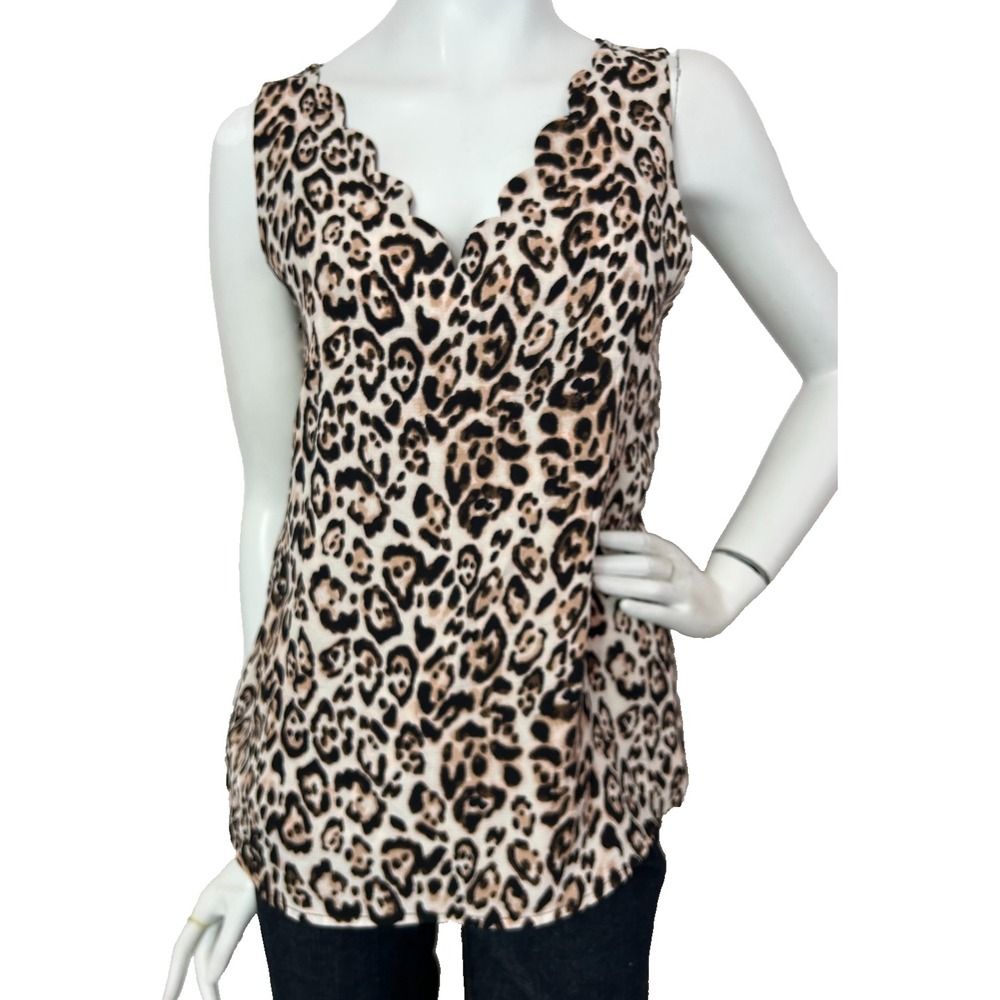GIBSON Leopard Print Scalloped V-Neck Tank Blouse Top Small Office Indie EUC